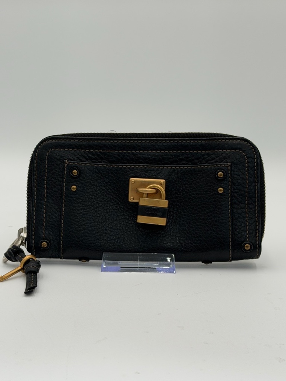 Chloé Paddington Black Leather Zip Around Wallet Lock Key